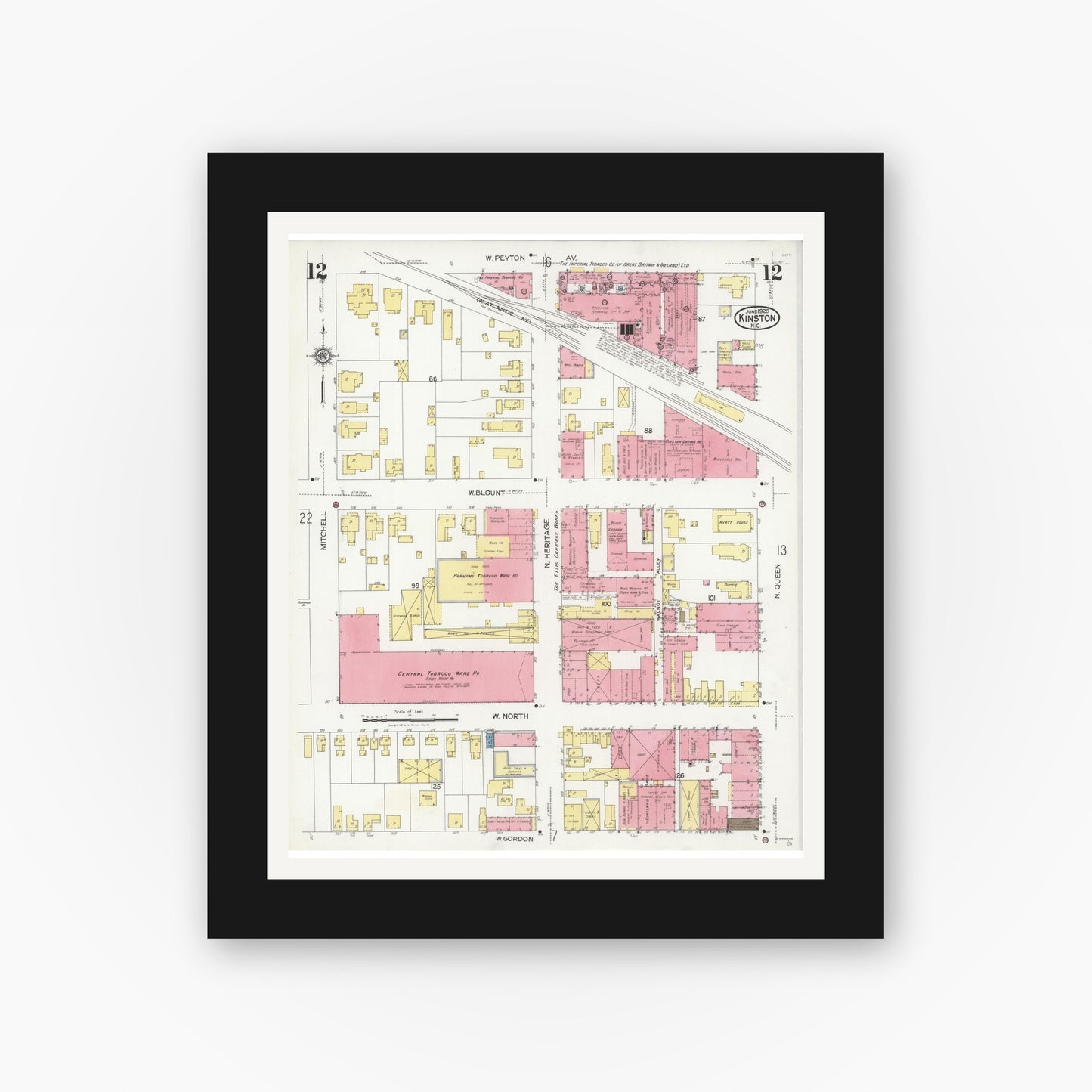 Old map wall art mockup — black gallery frame with white mat — Sanborn Fire Insurance Map from Kinston, Lenoir County, North Carolina (1925), Sheet #0012