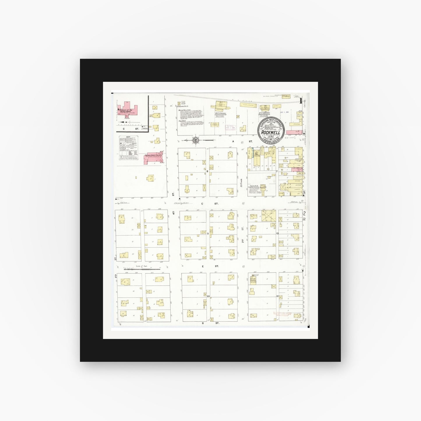 Old map wall art mockup β black gallery frame with white mat β Sanborn Fire Insurance Map from Rockwell, Cerro Gordo County, Iowa (1911), Sheet #0001