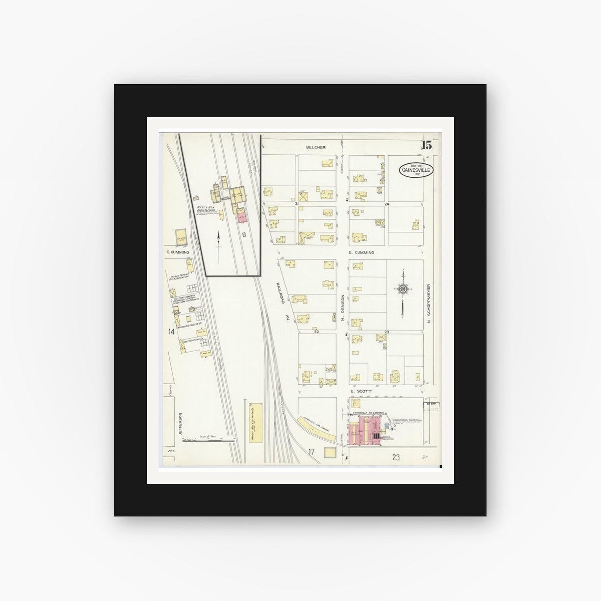 Old map wall art mockup — black gallery frame with white mat — Sanborn Fire Insurance Map from Gainesville, Cooke County, Texas (1913), Sheet #0015