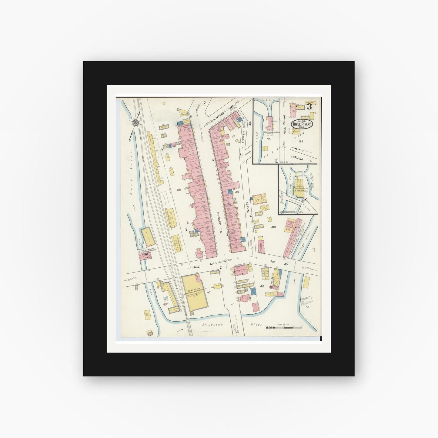 Old map wall art mockup — black gallery frame with white mat — Sanborn Fire Insurance Map from Three Rivers, Saint Joseph County, Michigan (1916), Sheet #0003