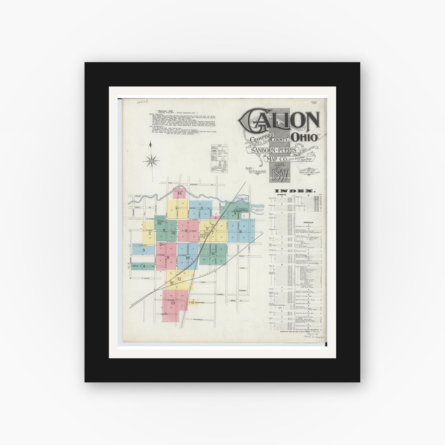 Old map wall art mockup — black gallery frame with white mat — Sanborn Fire Insurance Map from Galion, Crawford County, Ohio (1897) - Complete Map Set