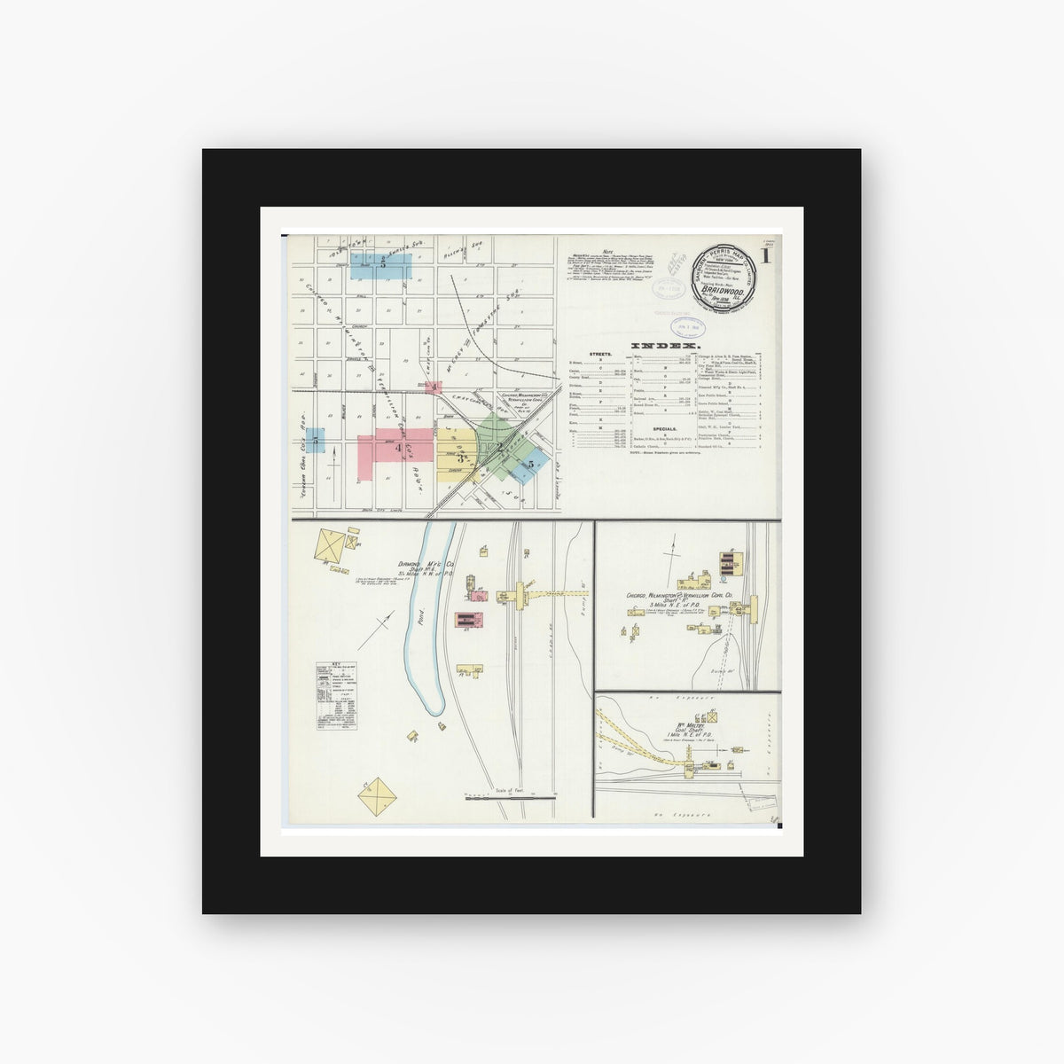 Old map wall art mockup — black gallery frame with white mat — Sanborn Fire Insurance Map from Braidwood, Will County, Illinois (1898), Sheet #0001