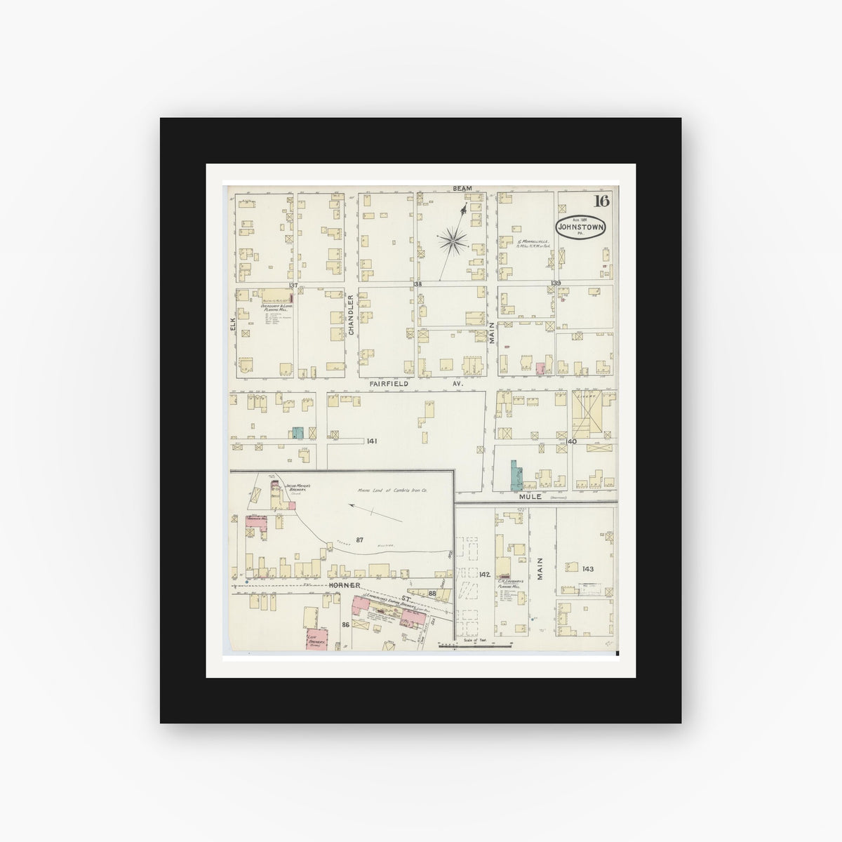 Old map wall art mockup — black gallery frame with white mat — Sanborn Fire Insurance Map from Johnstown, Cambria County, Pennsylvania (1891), Sheet #0016
