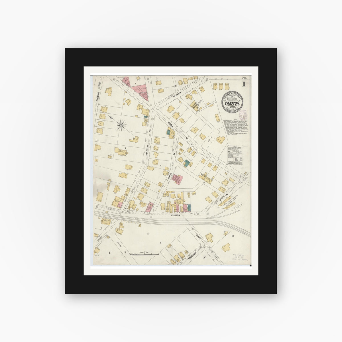 Old map wall art mockup — black gallery frame with white mat — Sanborn Fire Insurance Map from Crafton, Allegheny County, Pennsylvania (1902) - Complete Map Set