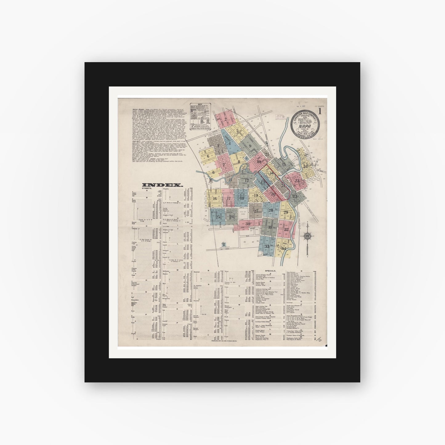 Old map wall art mockup — black gallery frame with white mat — Sanborn Fire Insurance Map from Napa, Napa County, California (1910) - Complete Map Set