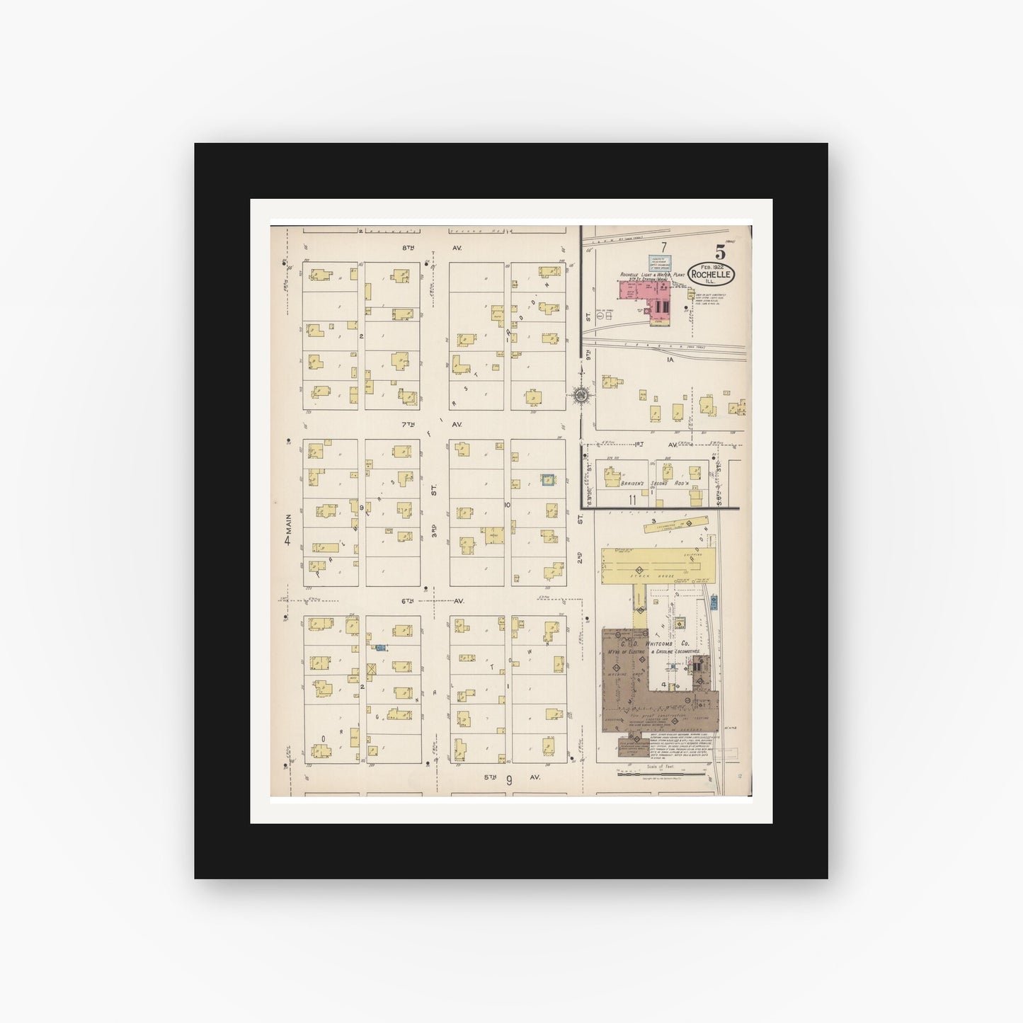 Old map wall art mockup — black gallery frame with white mat — Sanborn Fire Insurance Map from Rochelle, Ogle County, Illinois (1922), Sheet #0005