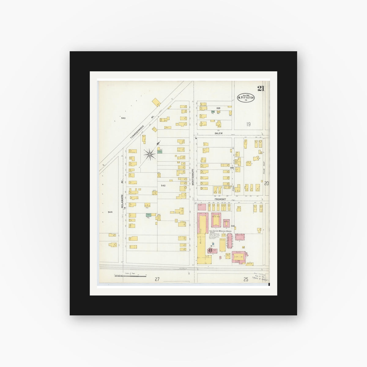 Old map wall art mockup — black gallery frame with white mat — Sanborn Fire Insurance Map from Pittston, Luzerne County, Pennsylvania (1903), Sheet #0021