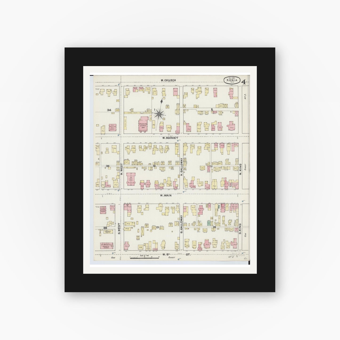 Old map wall art mockup — black gallery frame with white mat — Sanborn Fire Insurance Map from Xenia, Greene County, Ohio (1890), Sheet #0004
