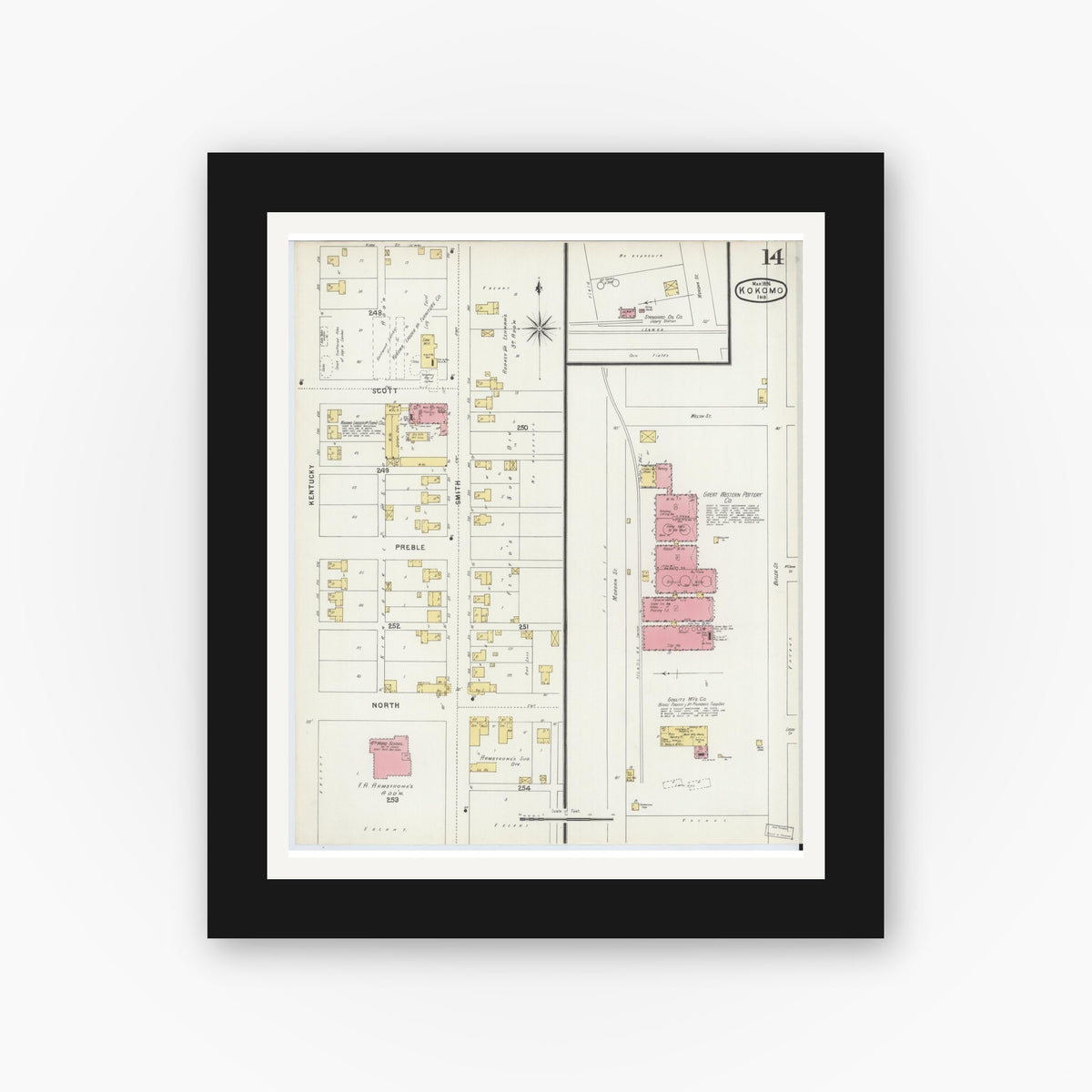 Old map wall art mockup — black gallery frame with white mat — Sanborn Fire Insurance Map from Kokomo, Howard County, Indiana (1896), Sheet #0014