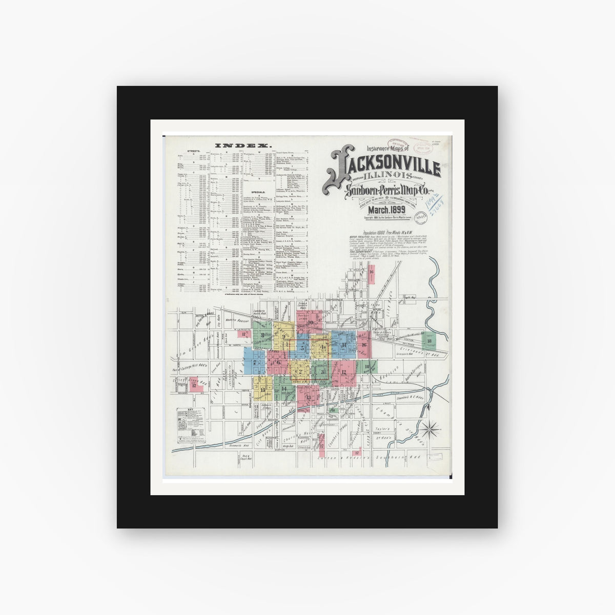 Old map wall art mockup — black gallery frame with white mat — Sanborn Fire Insurance Map from Jacksonville, Morgan County, Illinois (1899), Sheet #0001