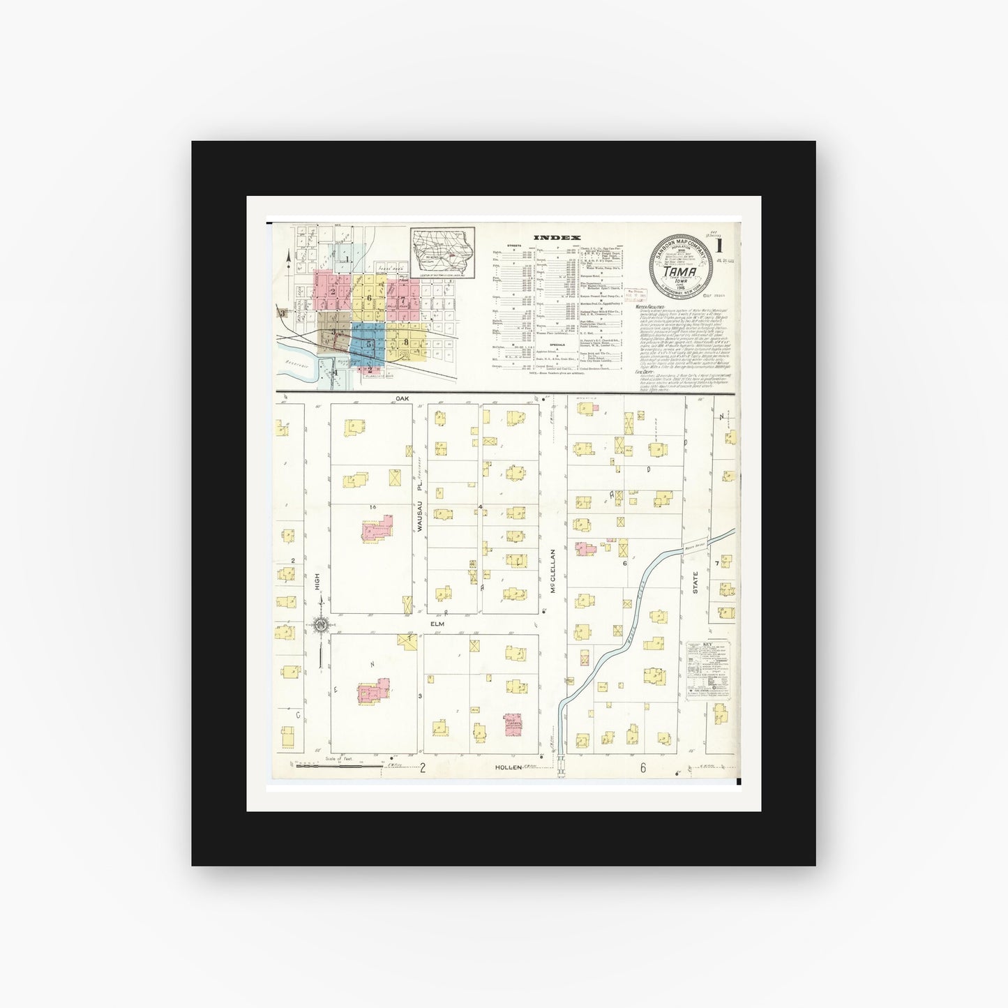 Old map wall art mockup — black gallery frame with white mat — Sanborn Fire Insurance Map from Tama, Tama County, Iowa (1915), Sheet #0001