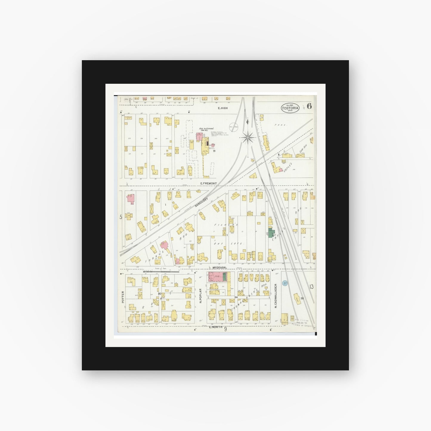 Old map wall art mockup — black gallery frame with white mat — Sanborn Fire Insurance Map from Fostoria, Seneca, Hancock, And Wood Counties, Ohio (1901), Sheet #0006