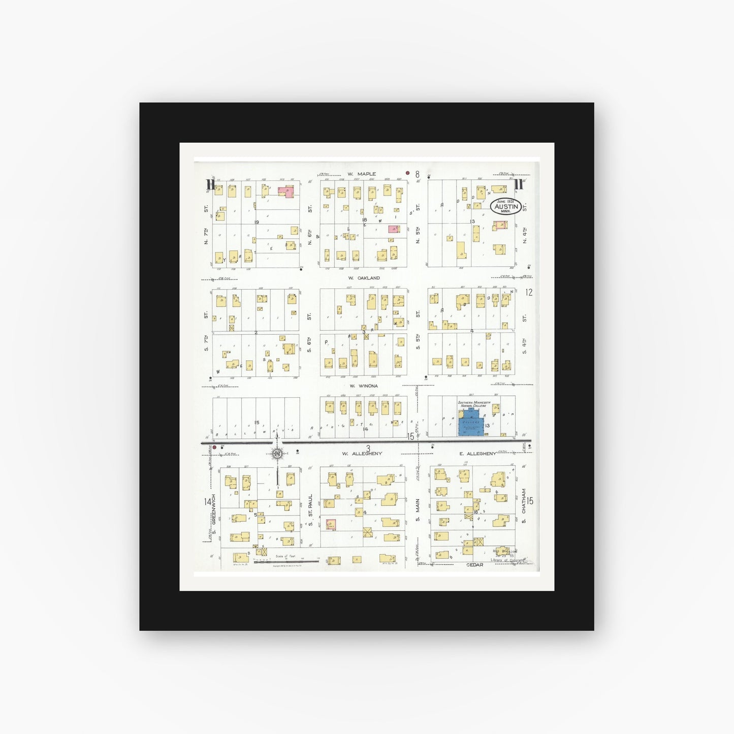 Old map wall art mockup — black gallery frame with white mat — Sanborn Fire Insurance Map from Austin, Mower County, Minnesota (1926), Sheet #0011