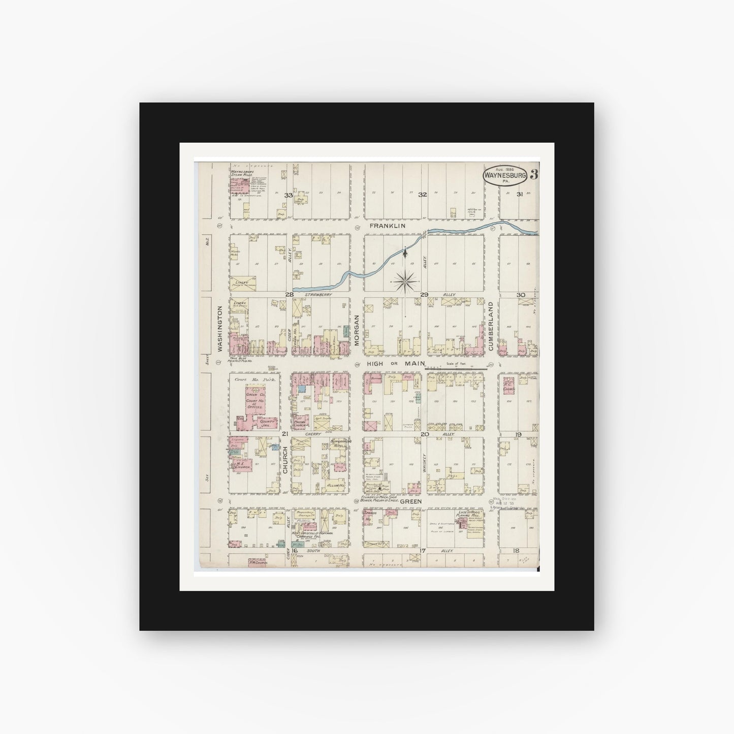 Old map wall art mockup — black gallery frame with white mat — Sanborn Fire Insurance Map from Waynesburg, Greene County, Pennsylvania (1886), Sheet #0003