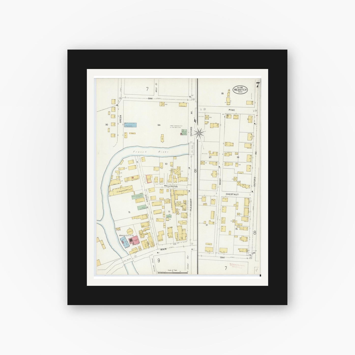 Old map wall art mockup — black gallery frame with white mat — Sanborn Fire Insurance Map from Webster, Worcester County, Massachusetts (1898), Sheet #0007