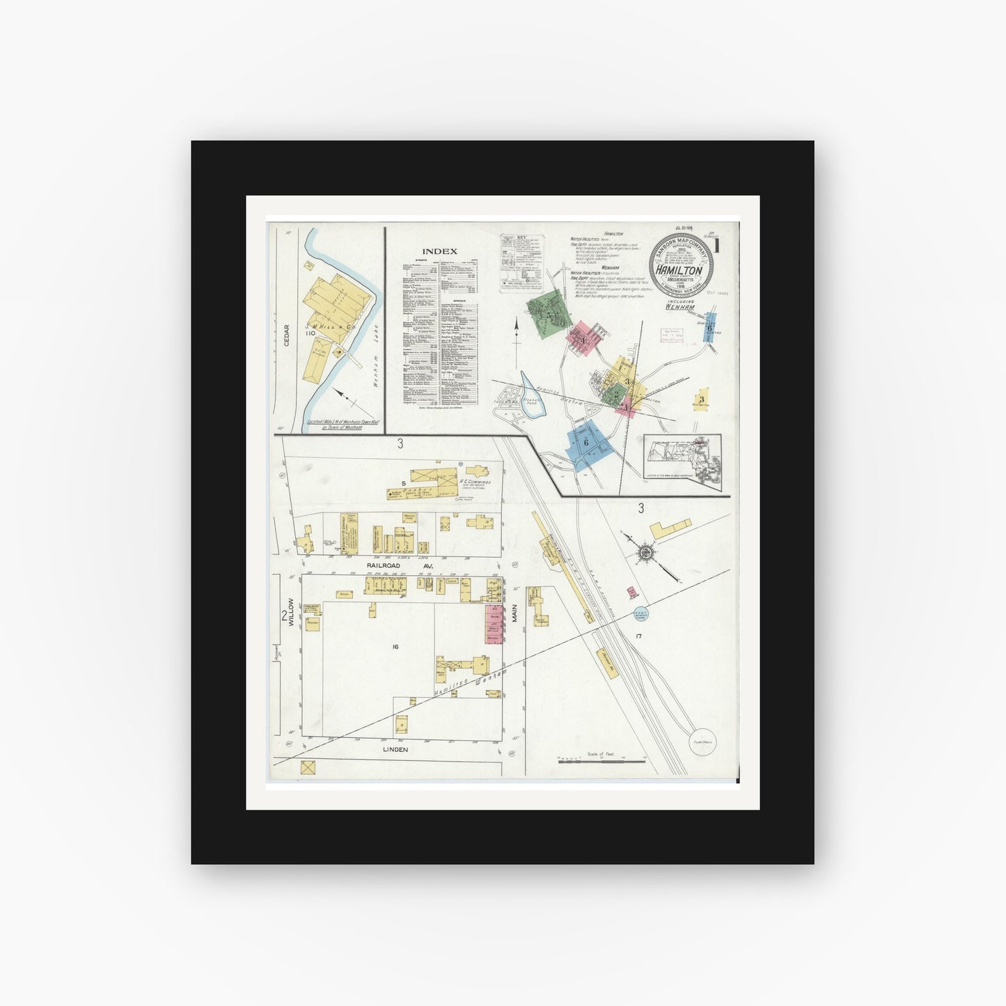 Old map wall art mockup — black gallery frame with white mat — Sanborn Fire Insurance Map from Hamilton, Essex County, Massachusetts (1916), Sheet #0001