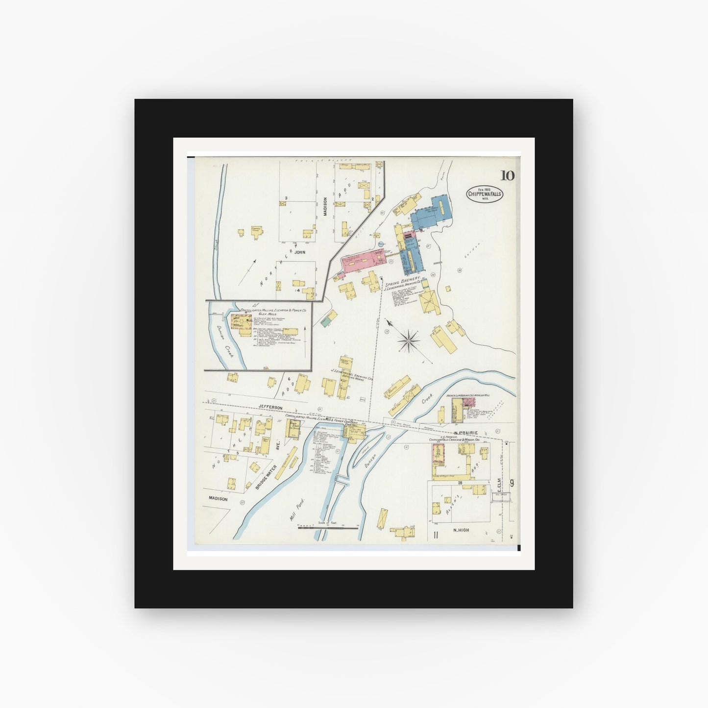 Old map wall art mockup — black gallery frame with white mat — Sanborn Fire Insurance Map from Chippewa Falls, Chippewa County, Wisconsin (1903), Sheet #0010