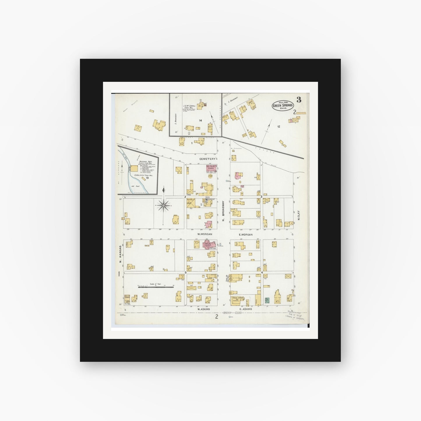 Old map wall art mockup — black gallery frame with white mat — Sanborn Fire Insurance Map from Green Springs, Sandusky And Seneca Counties, Ohio (1906), Sheet #0003