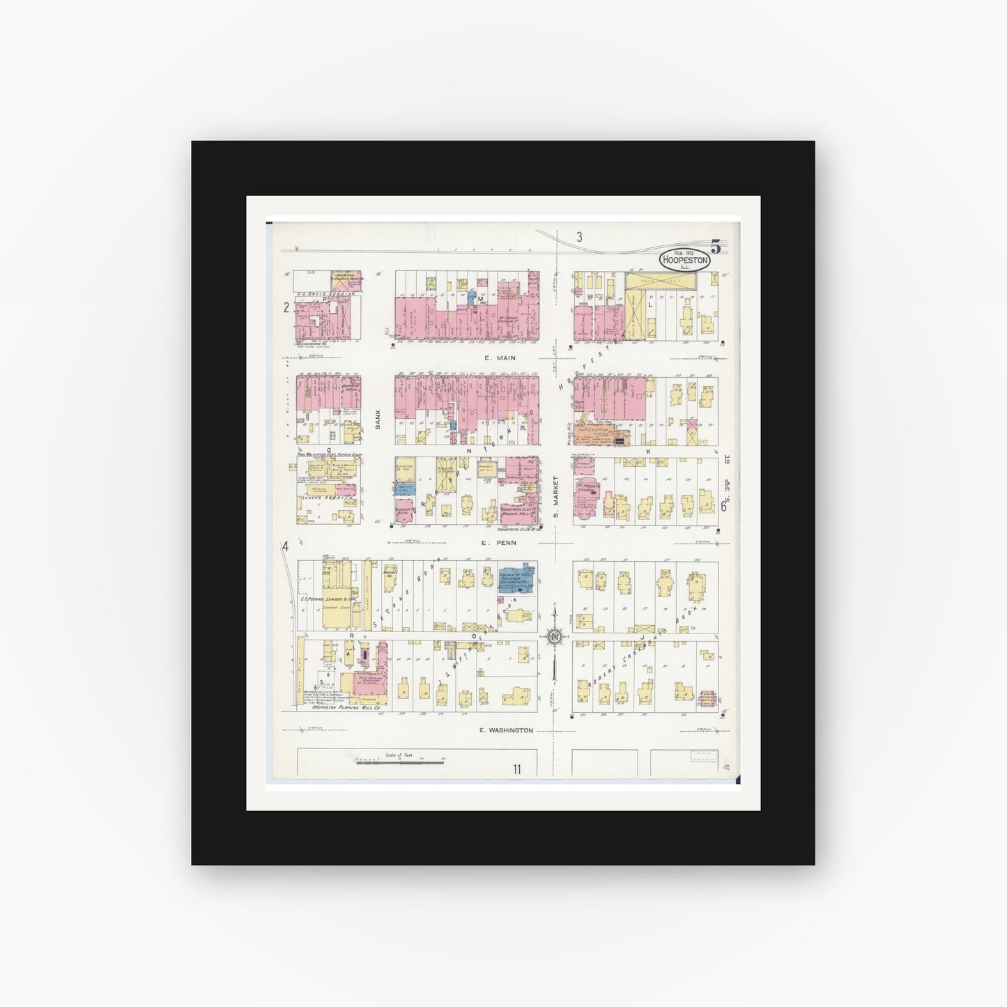 Old map wall art mockup — black gallery frame with white mat — Sanborn Fire Insurance Map from Hoopeston, Vermilion County, Illinois (1913), Sheet #0005