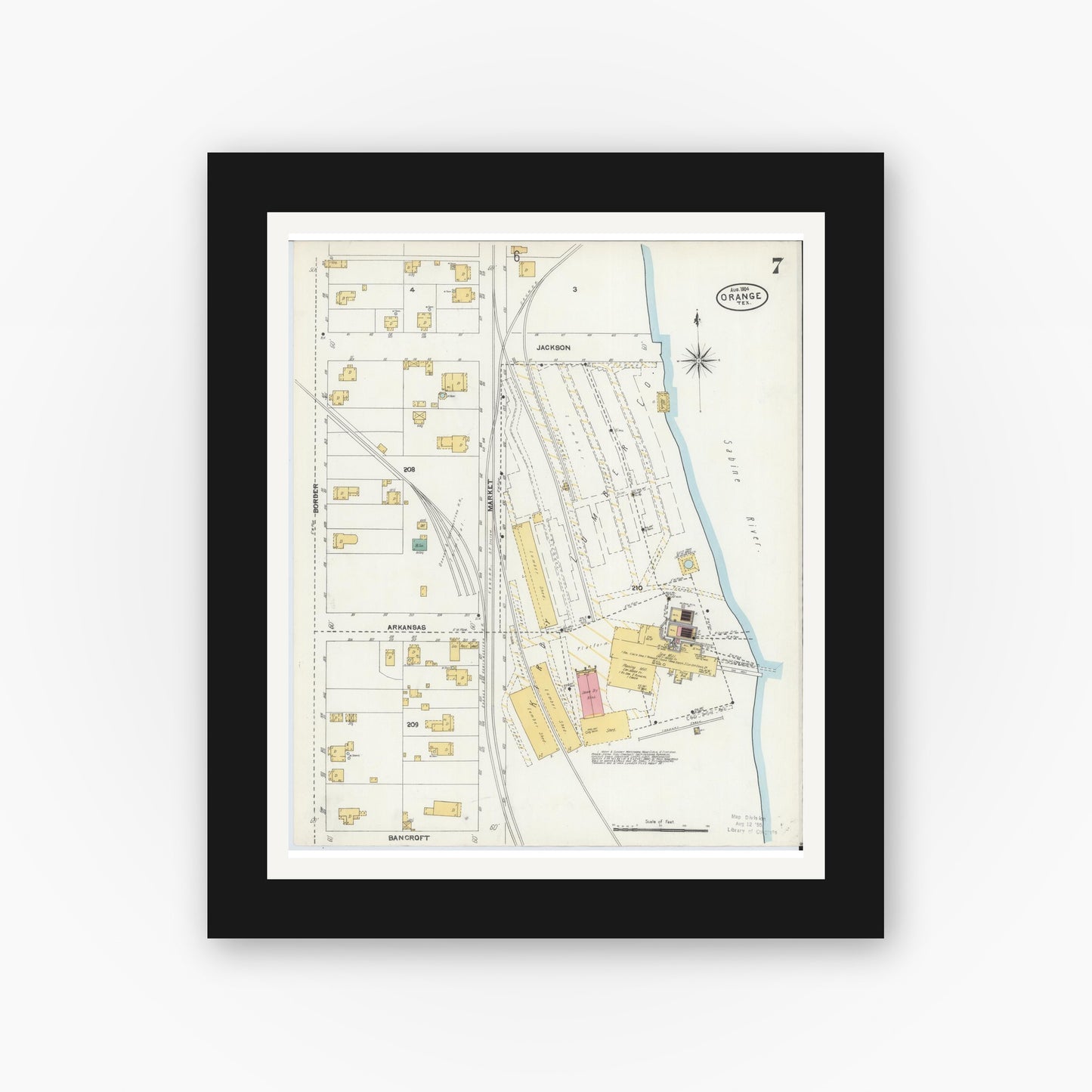 Old map wall art mockup — black gallery frame with white mat — Sanborn Fire Insurance Map from Orange, Orange County, Texas (1904), Sheet #0007