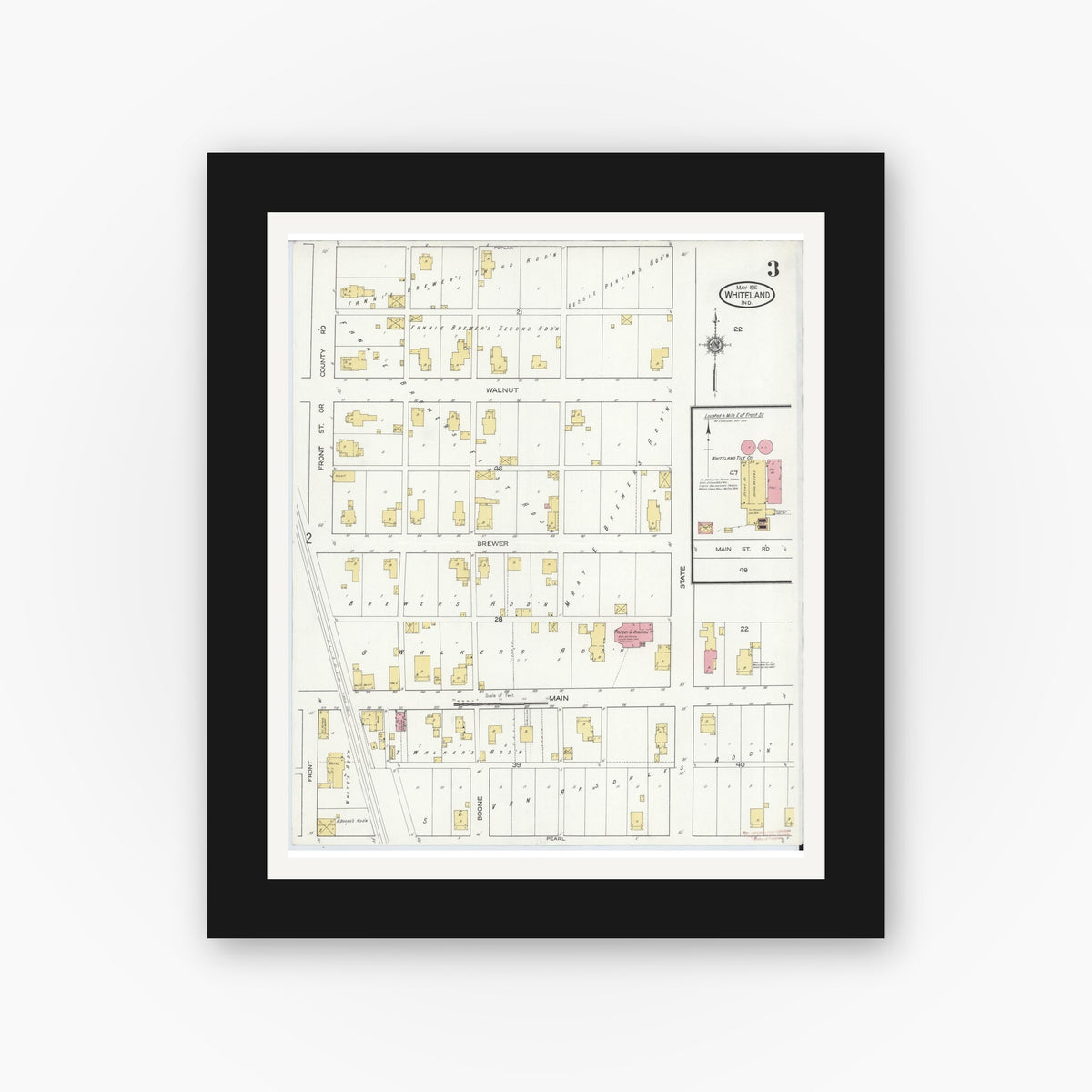 Old map wall art mockup — black gallery frame with white mat — Sanborn Fire Insurance Map from Whiteland, Johnson County, Indiana (1916), Sheet #0003