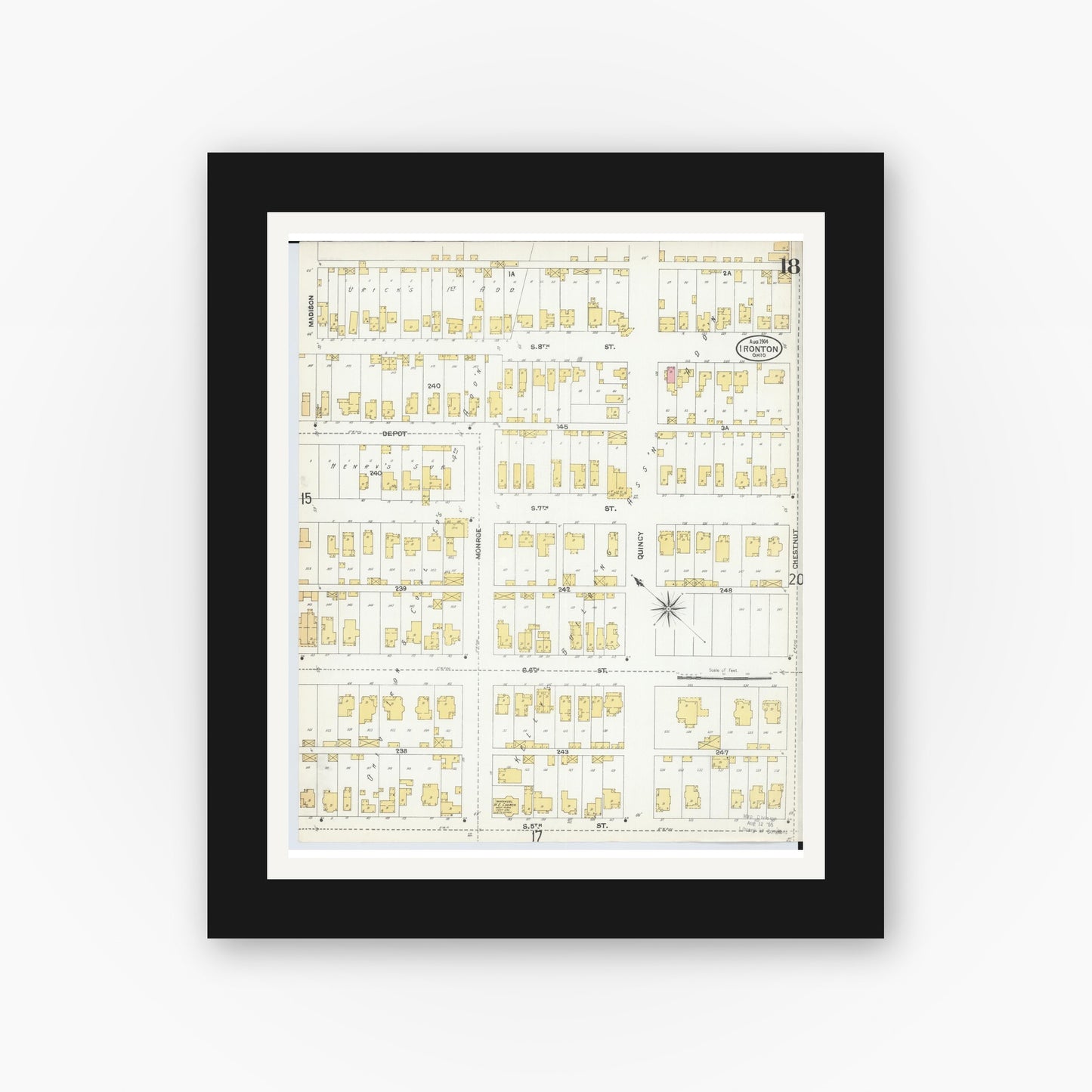 Old map wall art mockup — black gallery frame with white mat — Sanborn Fire Insurance Map from Ironton, Lawrence County, Ohio (1904), Sheet #0018