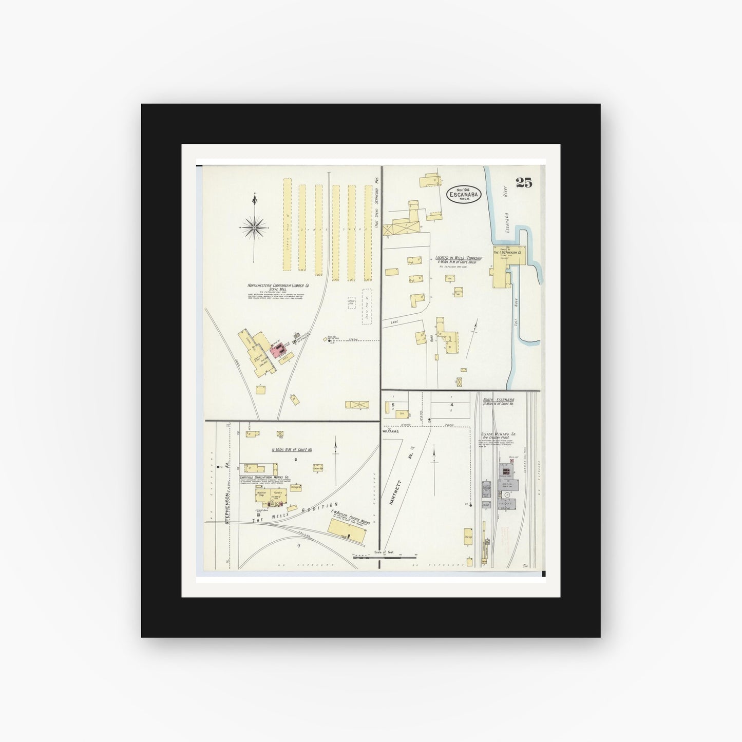 Old map wall art mockup — black gallery frame with white mat — Sanborn Fire Insurance Map from Escanaba, Delta County, Michigan (1906), Sheet #0025