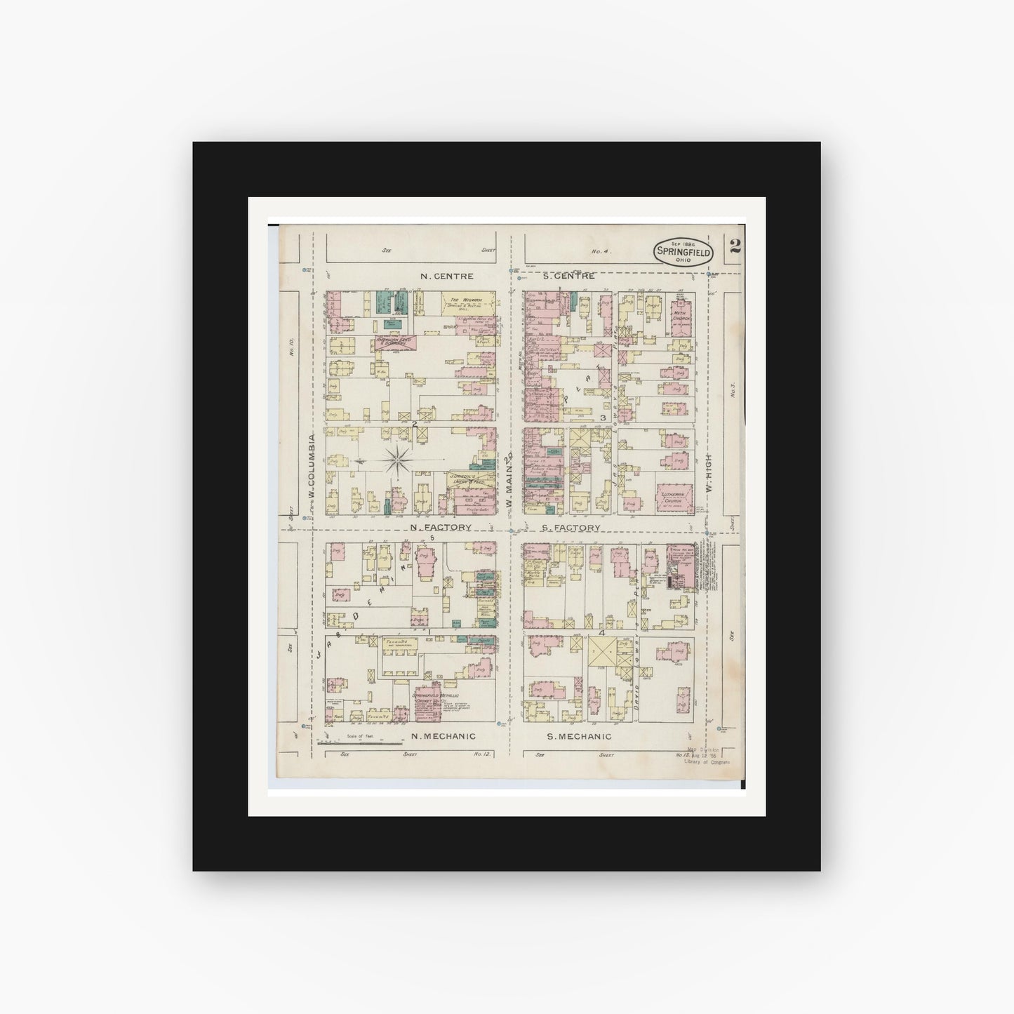 Old map wall art mockup — black gallery frame with white mat — Sanborn Fire Insurance Map from Springfield, Clark County, Ohio (1886), Sheet #0002