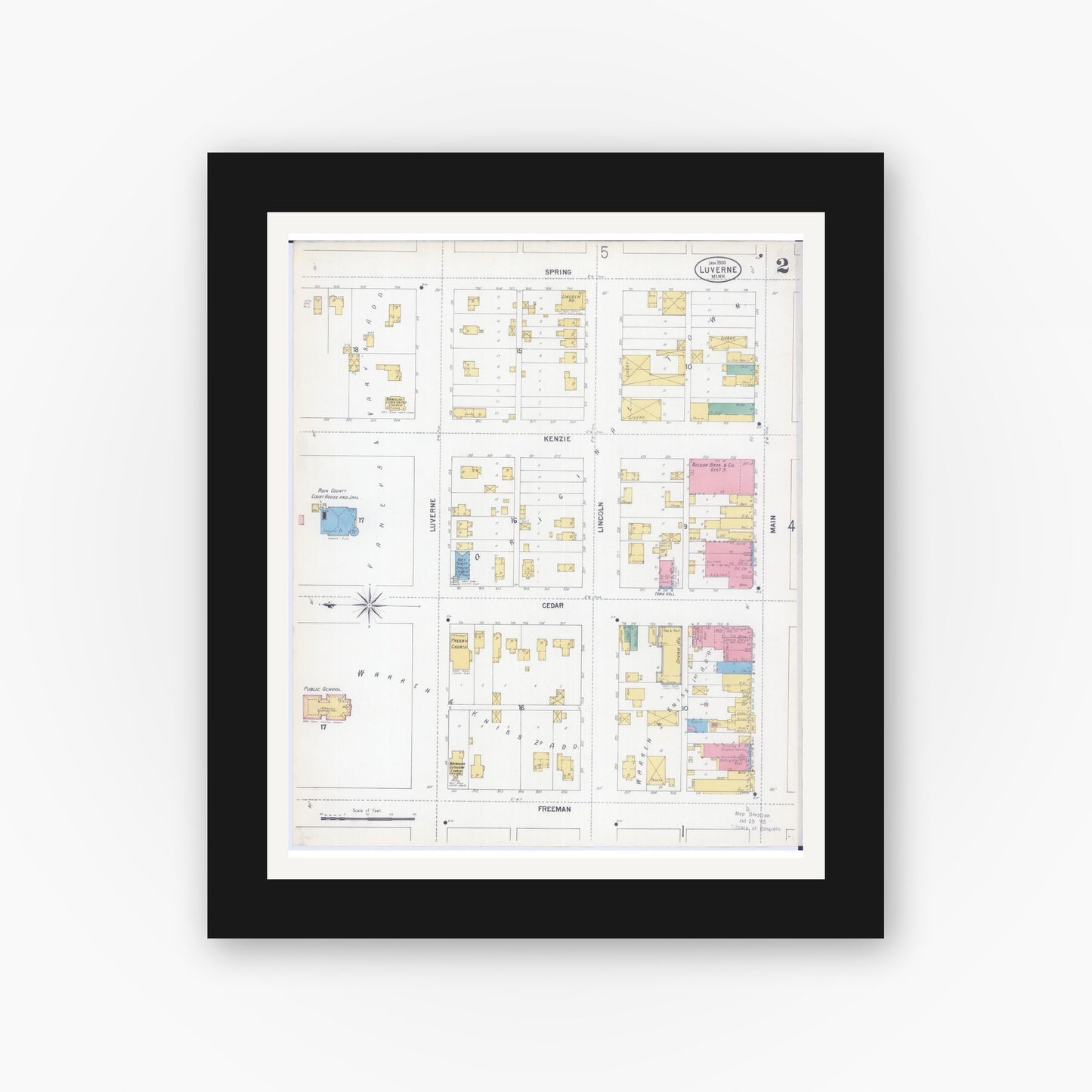 Old map wall art mockup — black gallery frame with white mat — Sanborn Fire Insurance Map from Luverne, Rock County, Minnesota (1900), Sheet #0002