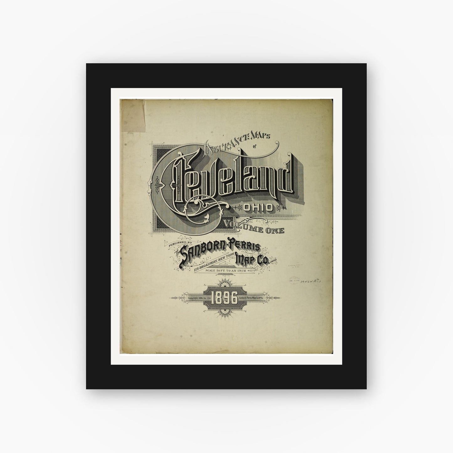 Old map wall art mockup — black gallery frame with white mat — Sanborn Fire Insurance Map from Cleveland, Cuyahoga County, Ohio (1896), Sheet #0001