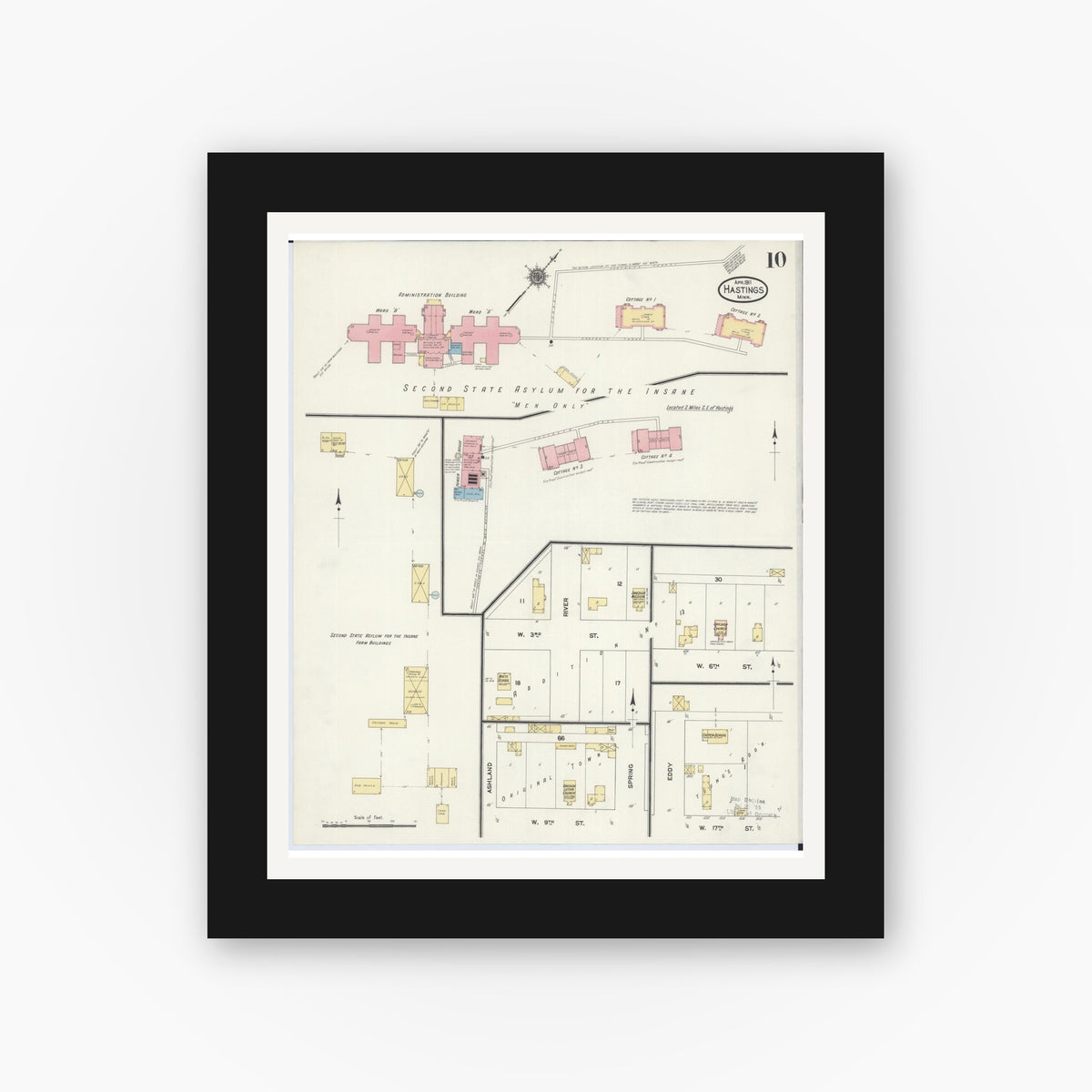 Old map wall art mockup — black gallery frame with white mat — Sanborn Fire Insurance Map from Hastings, Dakota County, Minnesota (1911), Sheet #0010