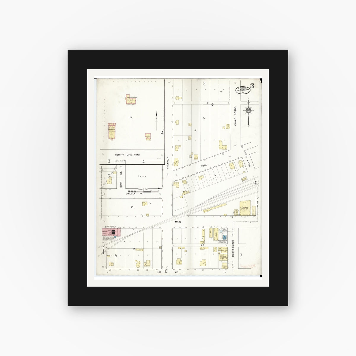 Old map wall art mockup — black gallery frame with white mat — Sanborn Fire Insurance Map from Ackley, Hardin and Franklin Counties, Iowa (1916), Sheet #0003