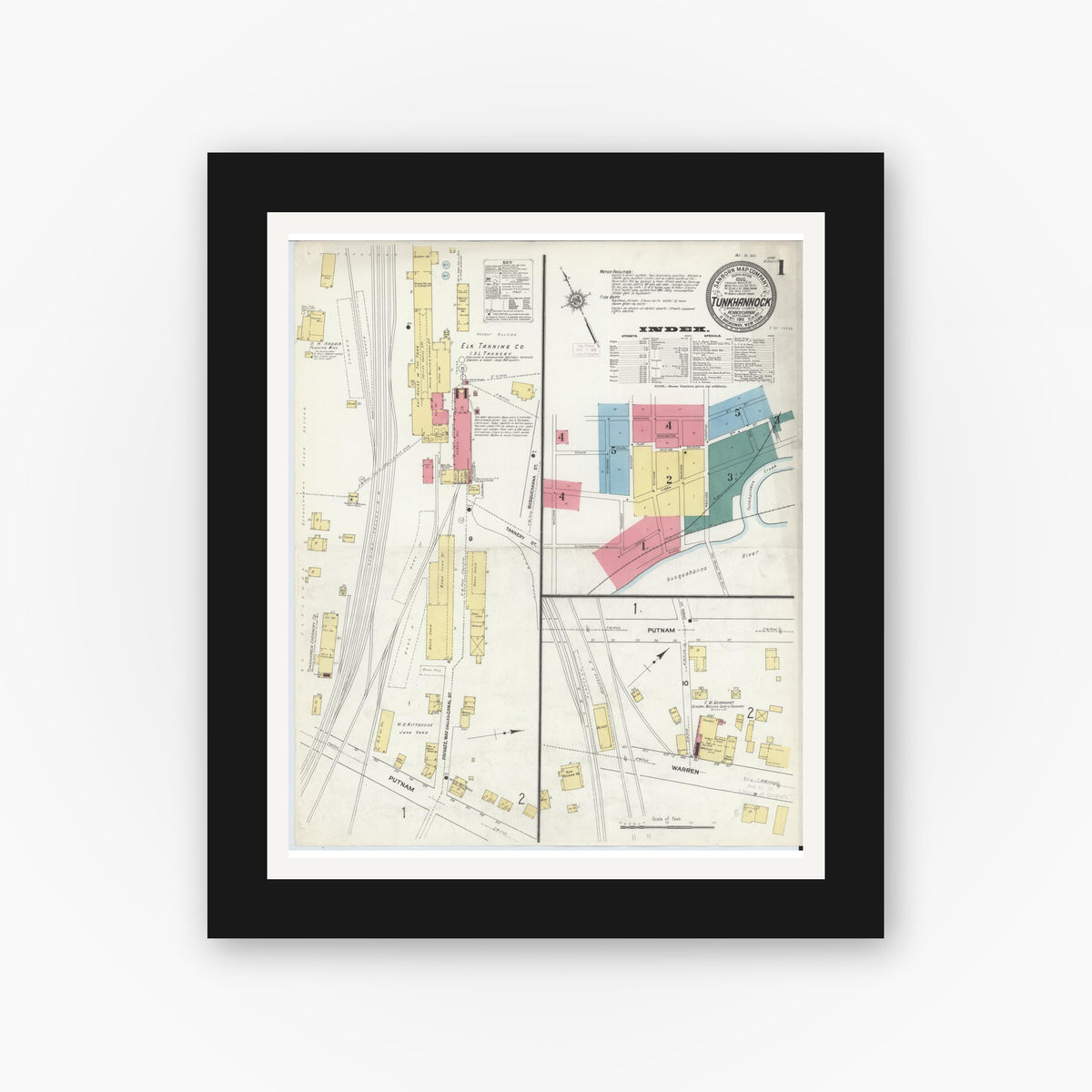 Old map wall art mockup — black gallery frame with white mat — Sanborn Fire Insurance Map from Tunkhannock, Wyoming County, Pennsylvania (1911), Sheet #0001