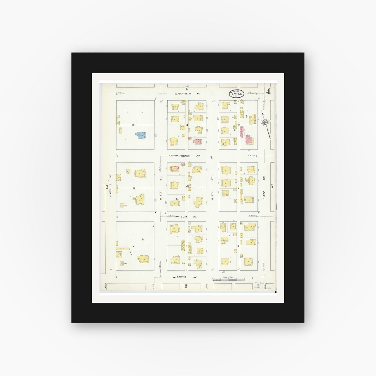 Old map wall art mockup — black gallery frame with white mat — Sanborn Fire Insurance Map from Temple, Bell County, Texas (1915), Sheet #0004
