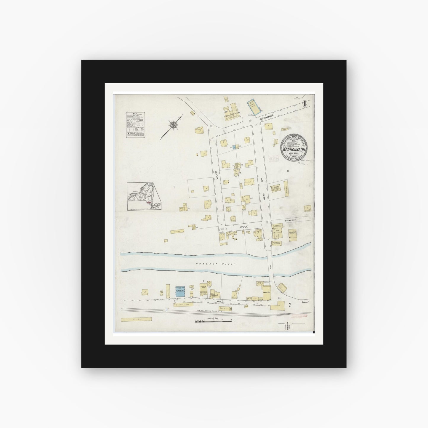 Old map wall art mockup — black gallery frame with white mat — Sanborn Fire Insurance Map from Kerhonkson, Ulster County, New York (1914) - Complete Map Set