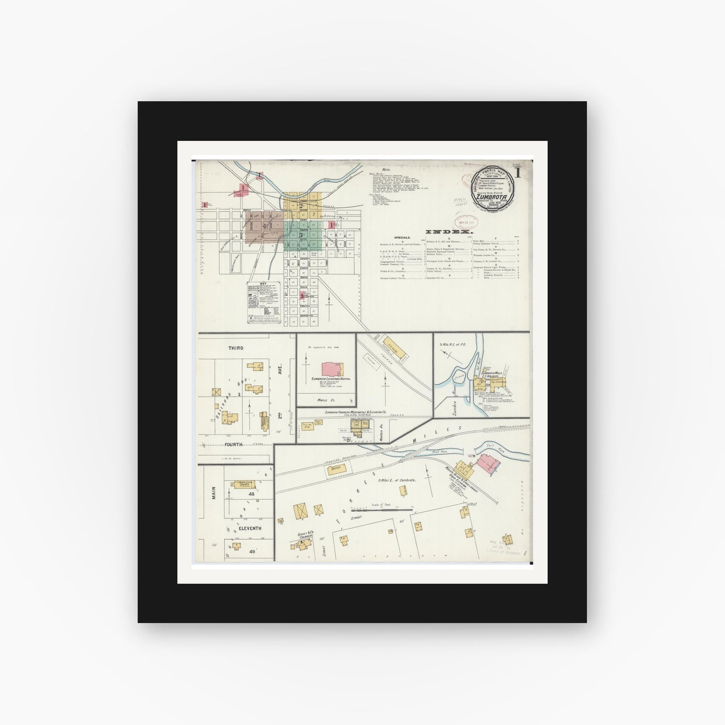 Old map wall art mockup — black gallery frame with white mat — Sanborn Fire Insurance Map from Zumbrota, Goodhue County, Minnesota (1899) - Complete Map Set