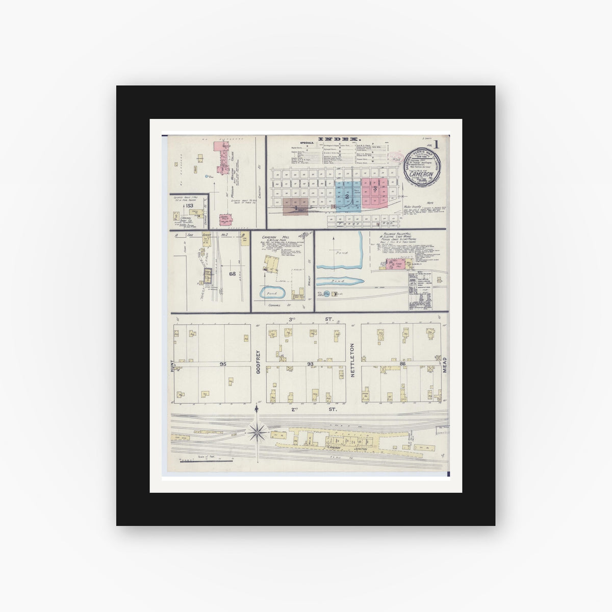 Old map wall art mockup — black gallery frame with white mat — Sanborn Fire Insurance Map from Cameron, Clinton County, Missouri (1891) - Complete Map Set