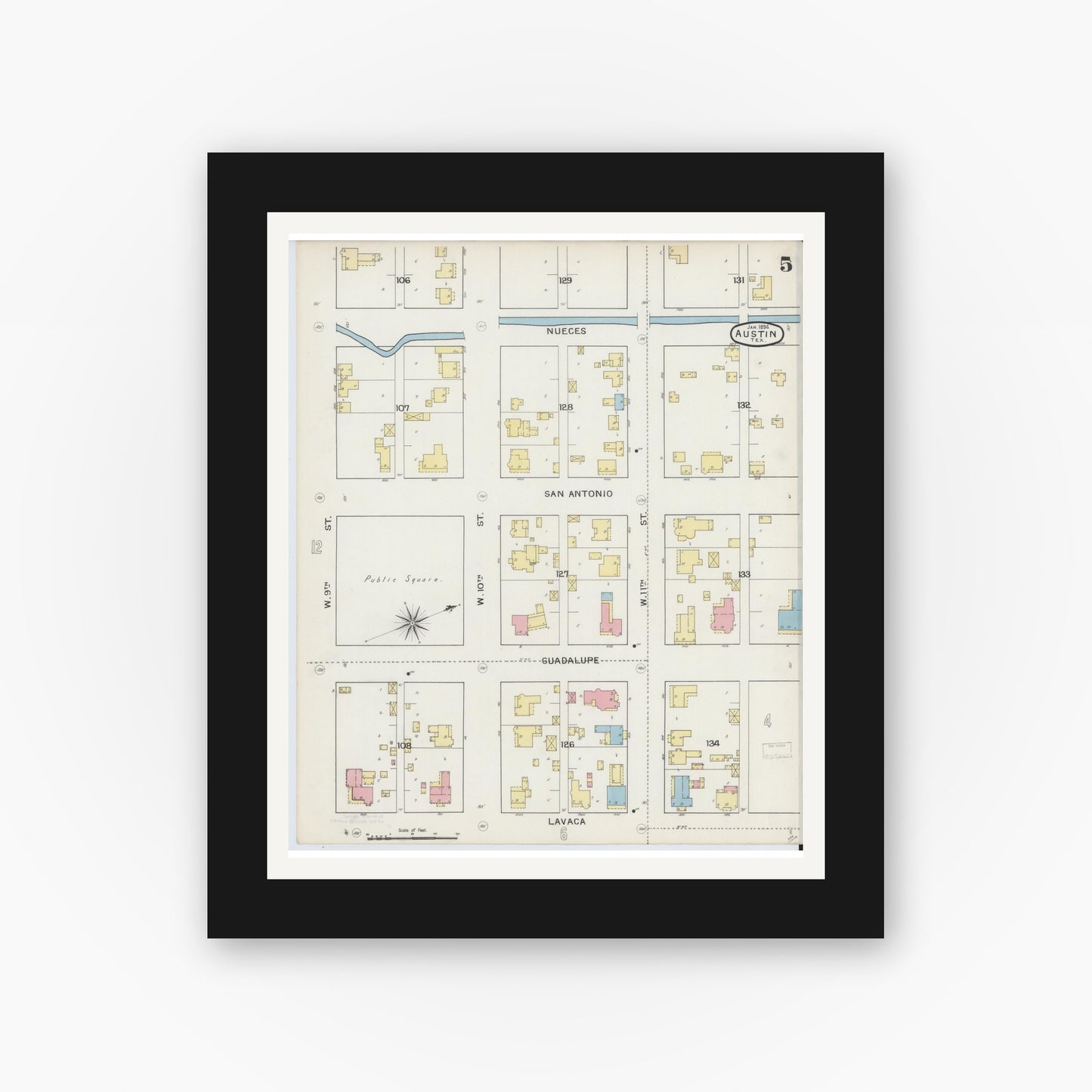 Old map wall art mockup — black gallery frame with white mat — Sanborn Fire Insurance Map from Austin, Travis County, Texas (1894), Sheet #0005