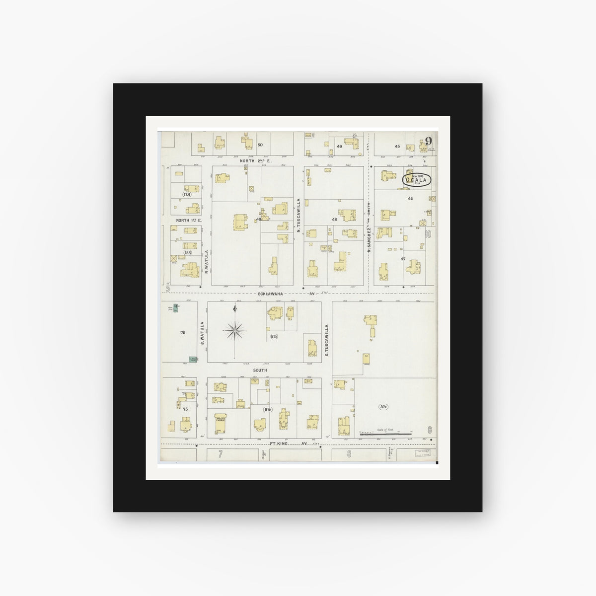 Old map wall art mockup — black gallery frame with white mat — Sanborn Fire Insurance Map from Ocala, Marion County, Florida (1895), Sheet #0009