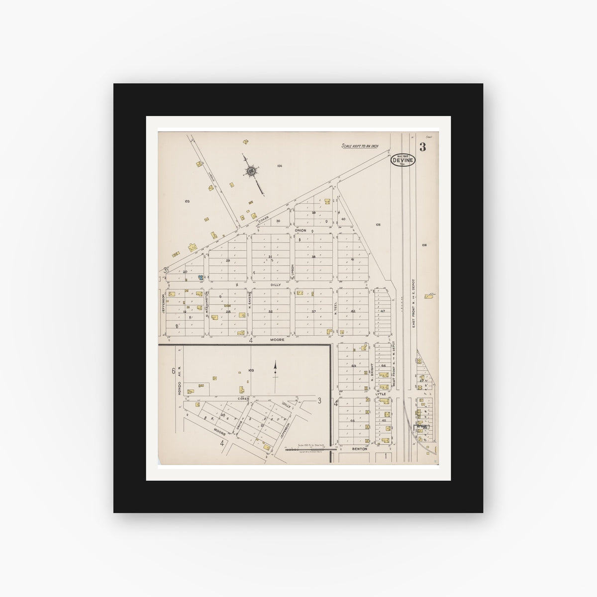 Old map wall art mockup — black gallery frame with white mat — Sanborn Fire Insurance Map from Devine, Medina County, Texas (1922), Sheet #0003
