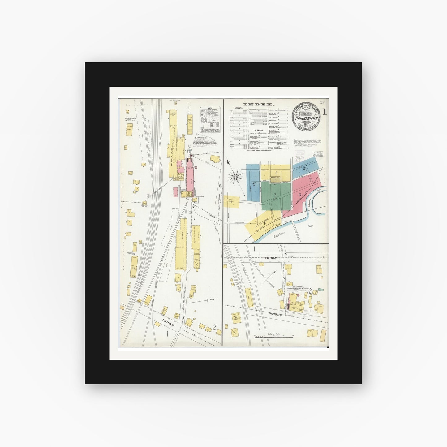Old map wall art mockup — black gallery frame with white mat — Sanborn Fire Insurance Map from Tunkhannock, Wyoming County, Pennsylvania (1903), Sheet #0001