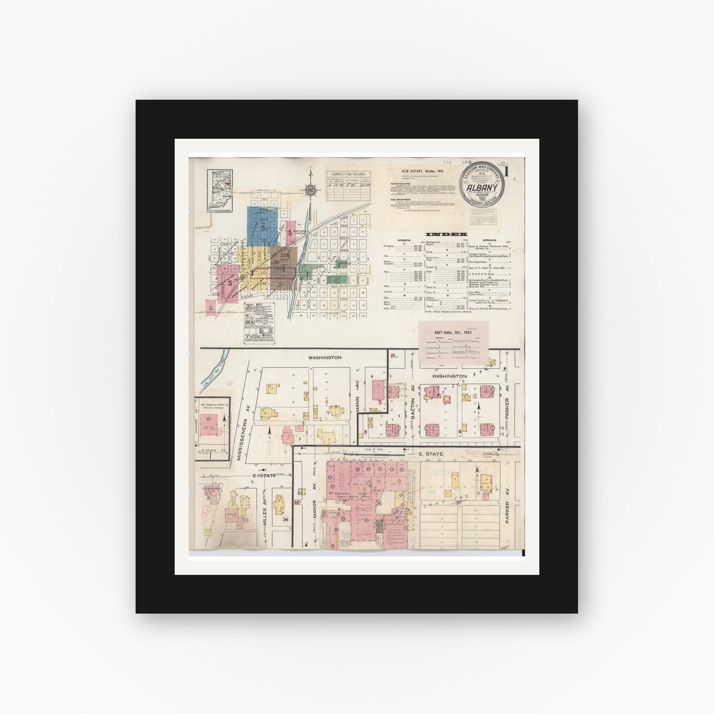 Old map wall art mockup — black gallery frame with white mat — Sanborn Fire Insurance Map from Albany, Delaware County, Indiana (1943), Sheet #0001