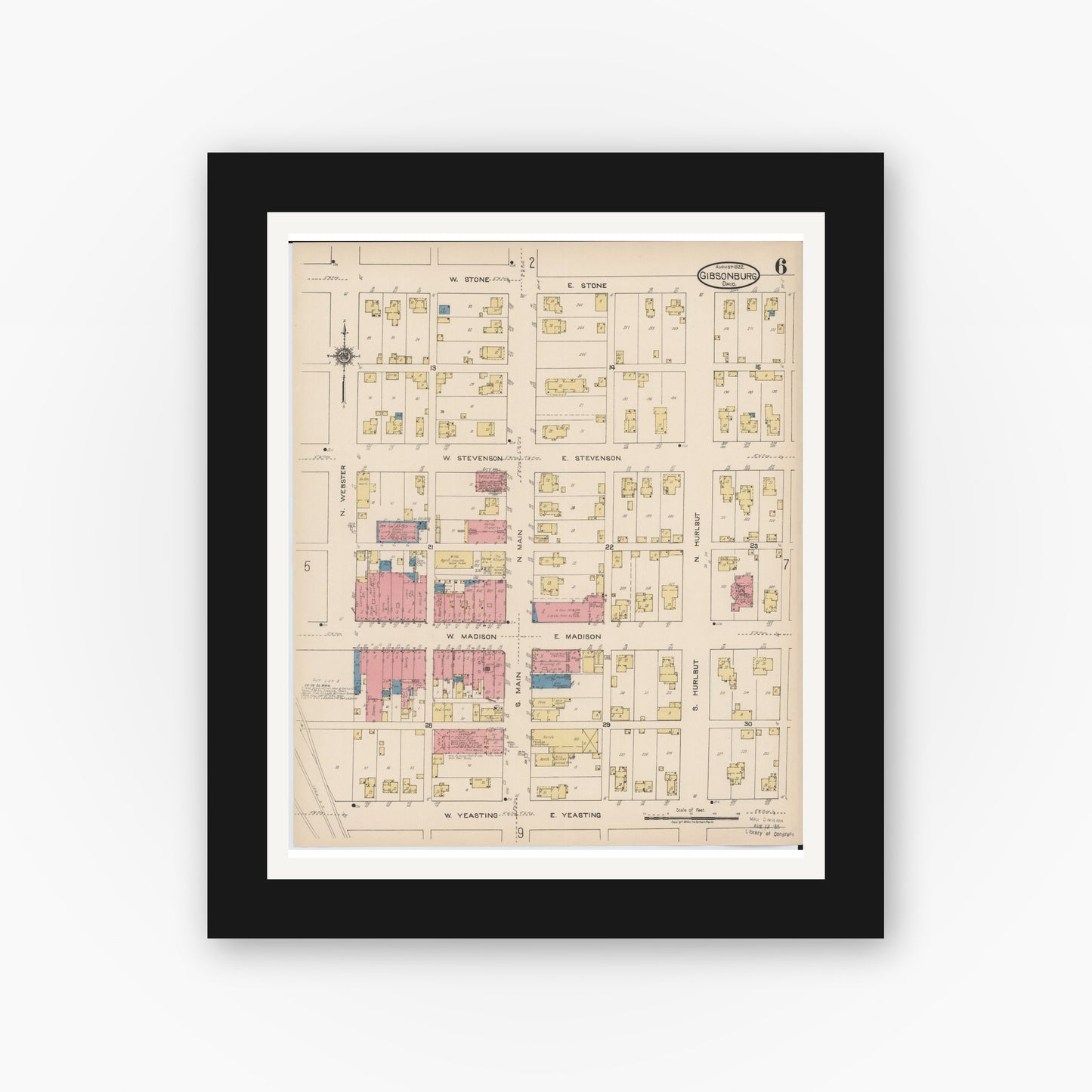 Old map wall art mockup — black gallery frame with white mat — Sanborn Fire Insurance Map from Gibsonburg, Sandusky County, Ohio (1922), Sheet #0006