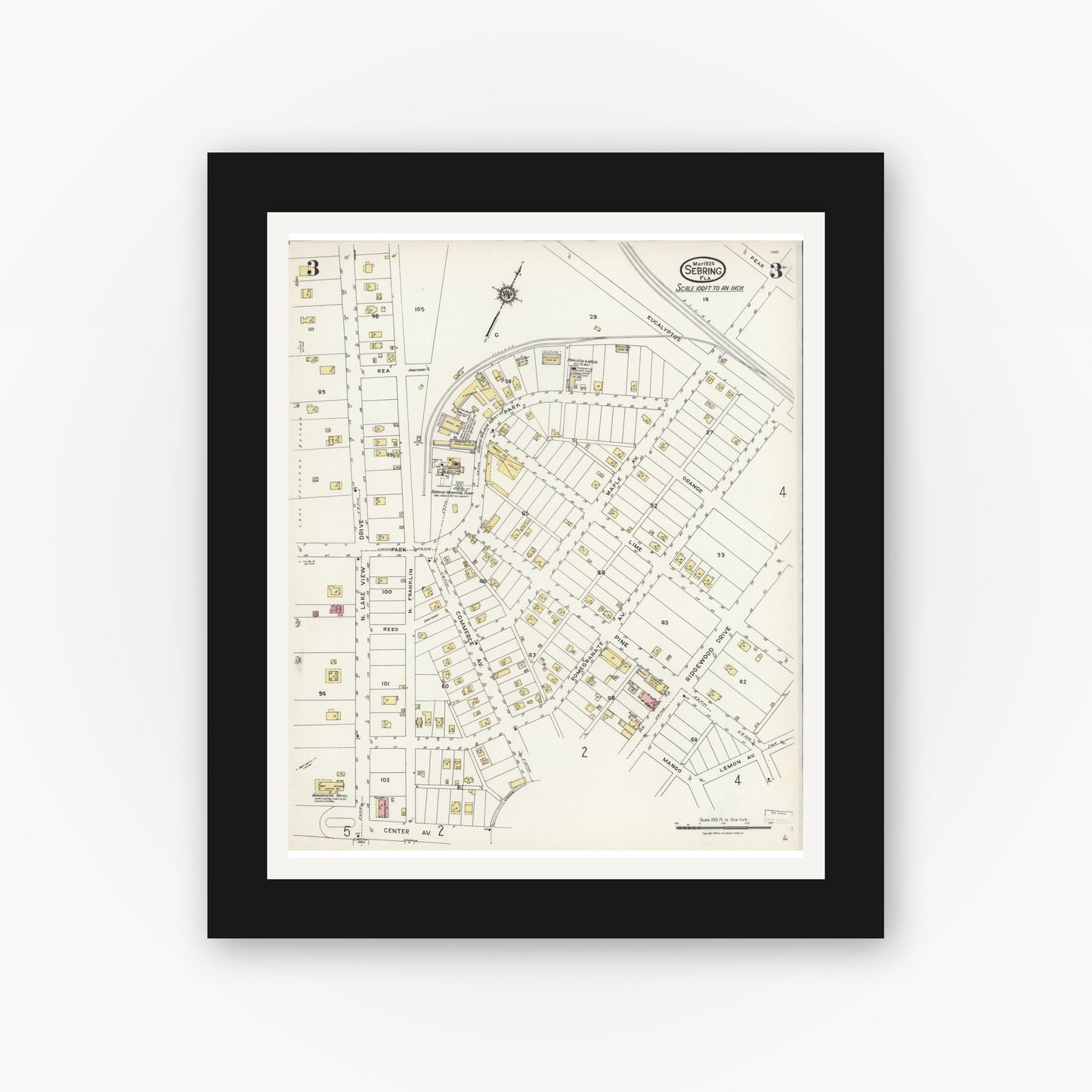 Old map wall art mockup — black gallery frame with white mat — Sanborn Fire Insurance Map from Sebring, Highlands County, Florida (1924), Sheet #0003