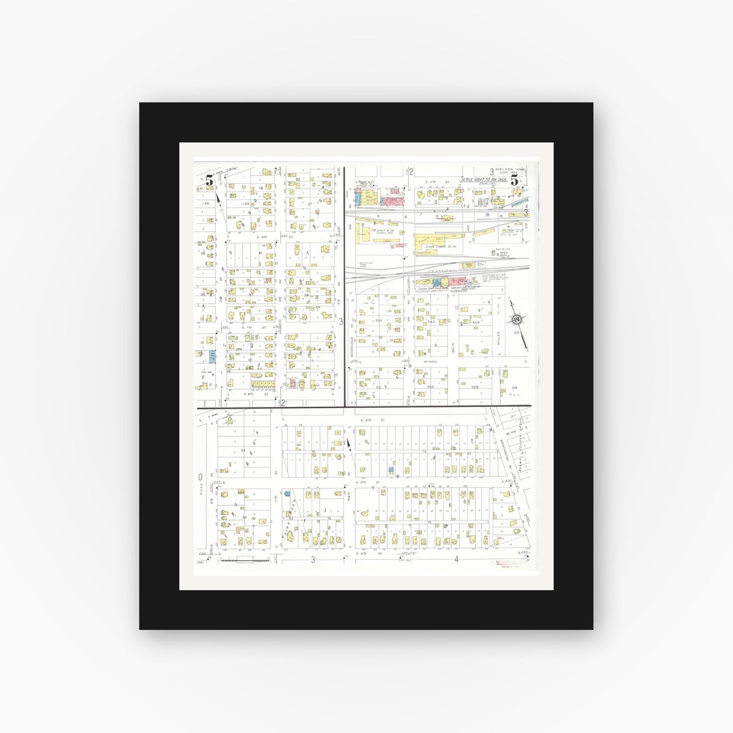 Old map wall art mockup — black gallery frame with white mat — Sanborn Fire Insurance Map from Sheldon, O'Brien County, Iowa (1933), Sheet #0005