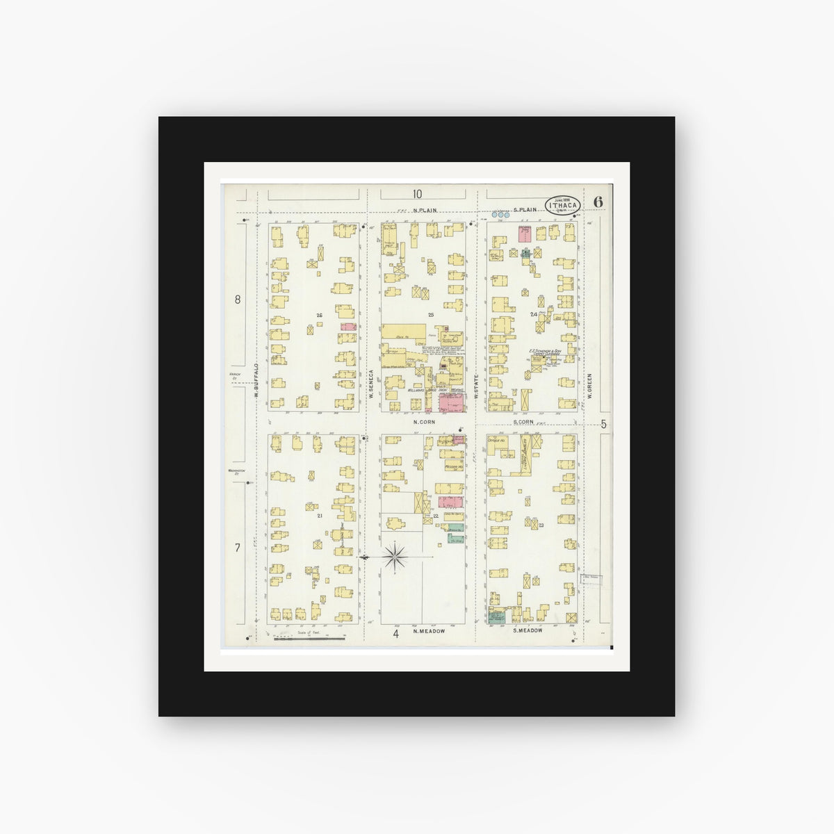 Old map wall art mockup — black gallery frame with white mat — Sanborn Fire Insurance Map from Ithaca, Tompkins County, New York (1898), Sheet #0006