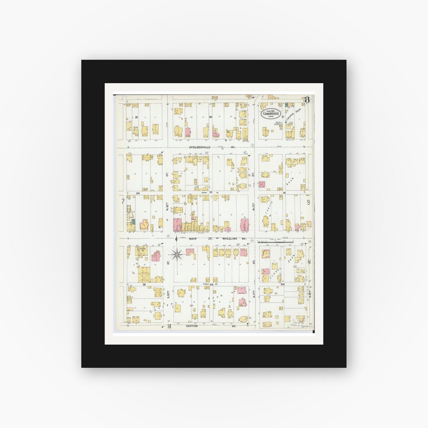 Old map wall art mockup — black gallery frame with white mat — Sanborn Fire Insurance Map from Cambridge, Guernsey County, Ohio (1901), Sheet #0008