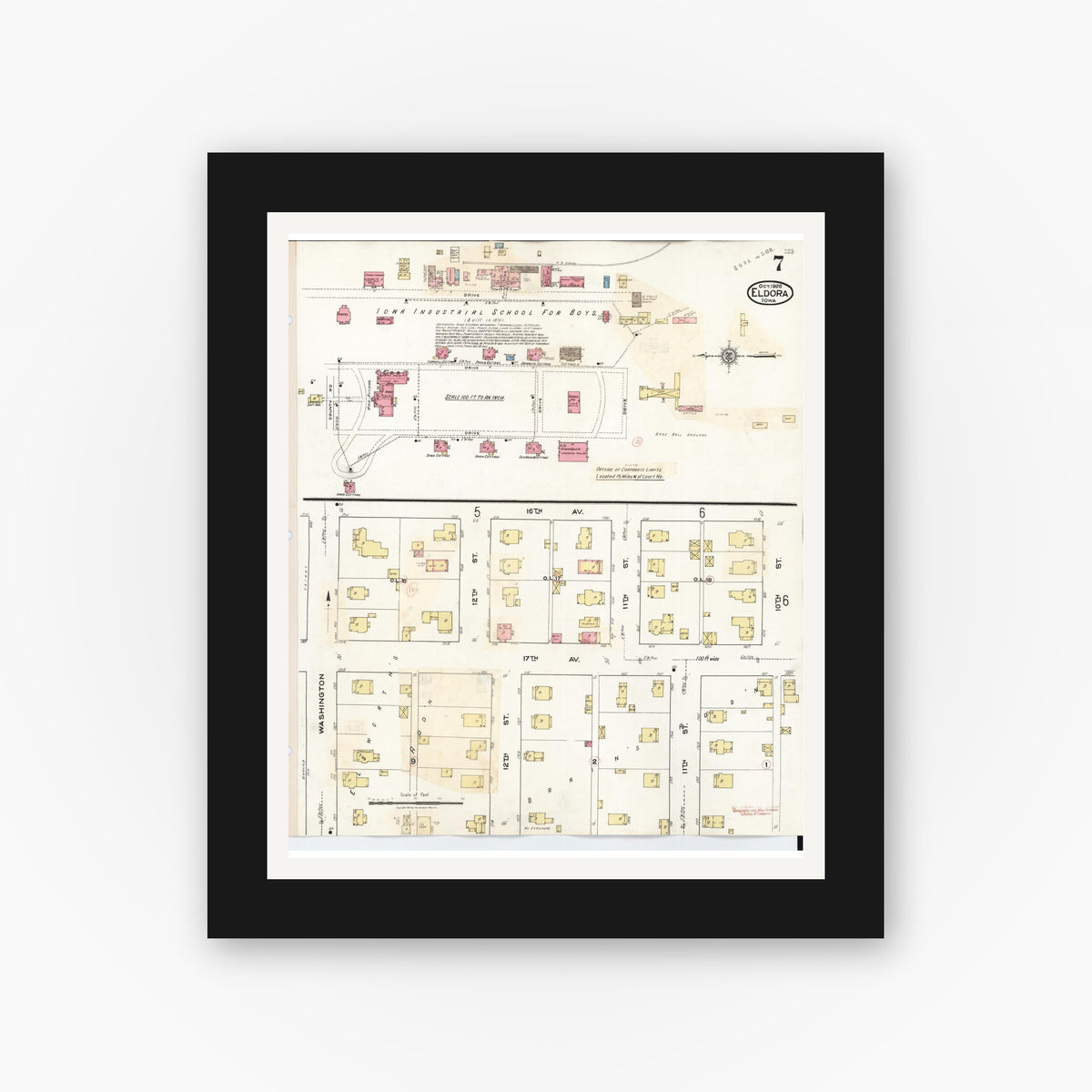 Old map wall art mockup — black gallery frame with white mat — Sanborn Fire Insurance Map from Eldora, Hardin County, Iowa (1940), Sheet #0007