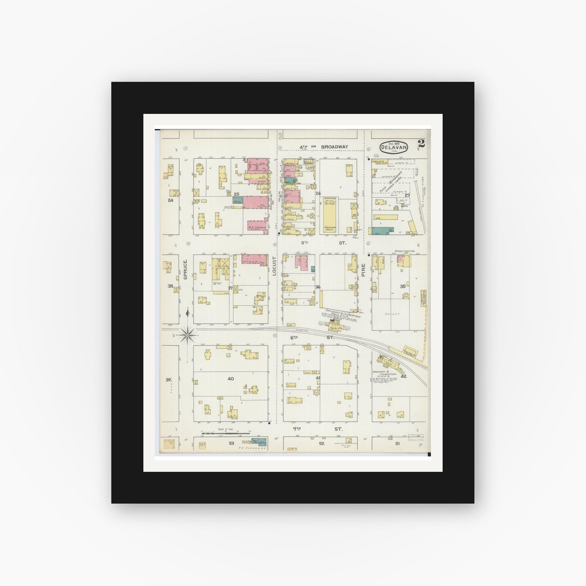 Old map wall art mockup — black gallery frame with white mat — Sanborn Fire Insurance Map from Delavan, Tazewell County, Illinois (1893), Sheet #0002