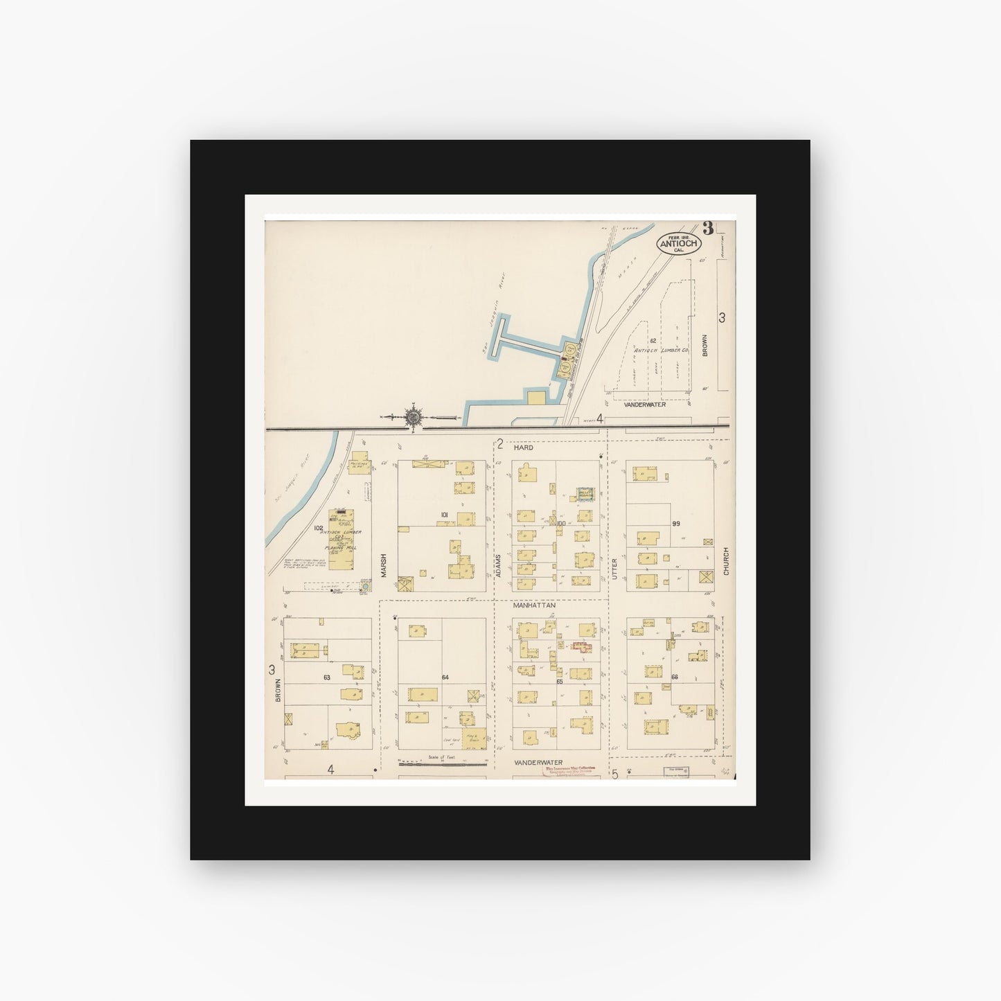 Old map wall art mockup — black gallery frame with white mat — Sanborn Fire Insurance Map from Antioch, Contra Costa County, California (1912), Sheet #0003
